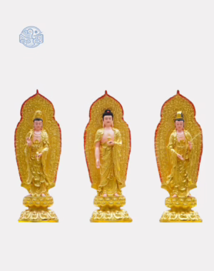 Bộ tượng Tây Phương Tam Thánh Đứng bằng composite, cao 110cm, nhũ vàng, có lá đề và đèn led